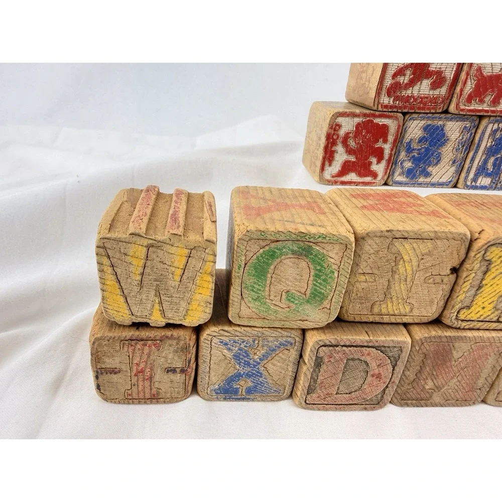 Vintage Wooden Alphabet Blocks‎ ABC Picture Toy Set 44 Nursery Rhyme Animals